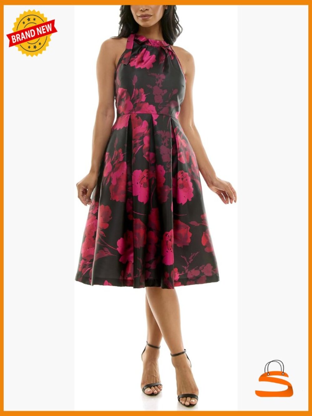 Sleeveless Floral Print Tie Halter Neck Midi Dress